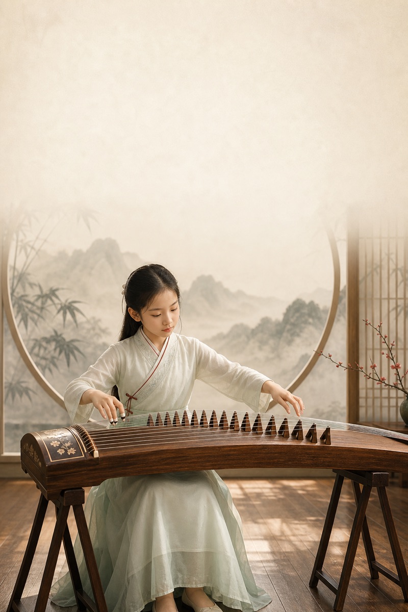 孩子在东方美学环境中演奏古筝